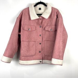 Pink Corduroy Teddy Lined Jacket Button Front Pockets Womens Large L